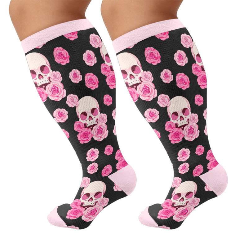 Plusock Plus Size Gothic Rose Skull Compression Socks - Pink(1 Pair) - 4XL - image 5
