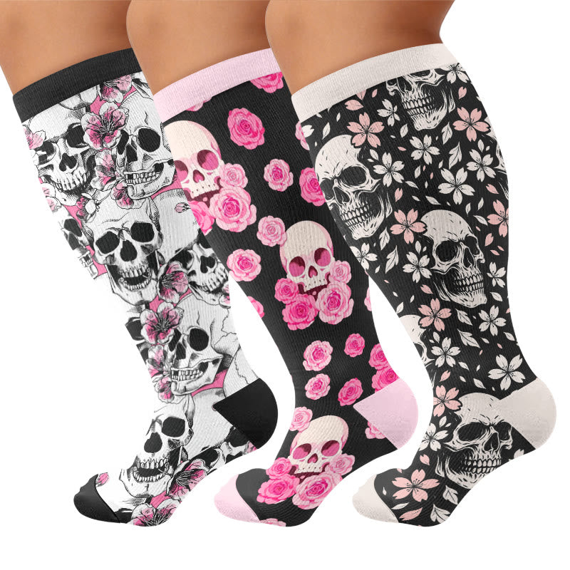 Plusock Plus Size Gothic Rose Skull Compression Socks - Multicolor(3 Pairs) - 4XL - image 1