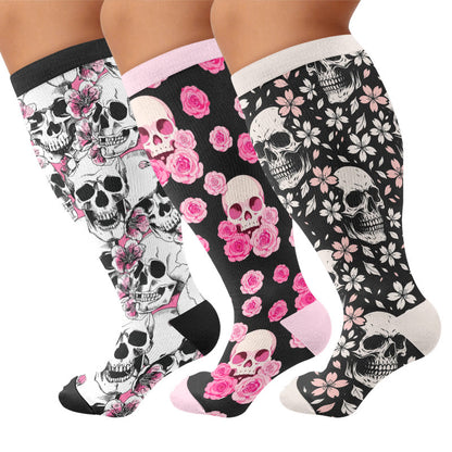 Plusock Plus Size Gothic Rose Skull Compression Socks - Multicolor(3 Pairs) - 4XL - image 1