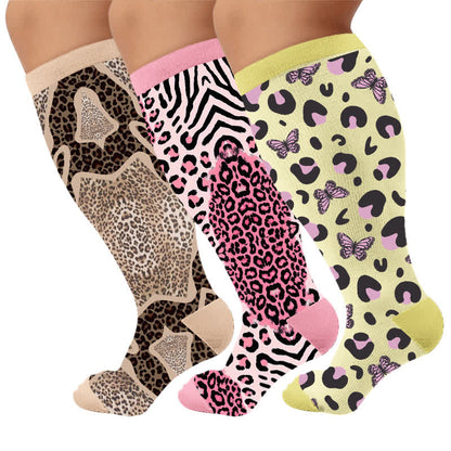 Plusock Plus Size Leopard Knee Compression Socks - Multicolor(3 Pairs) - 4XL - image 1