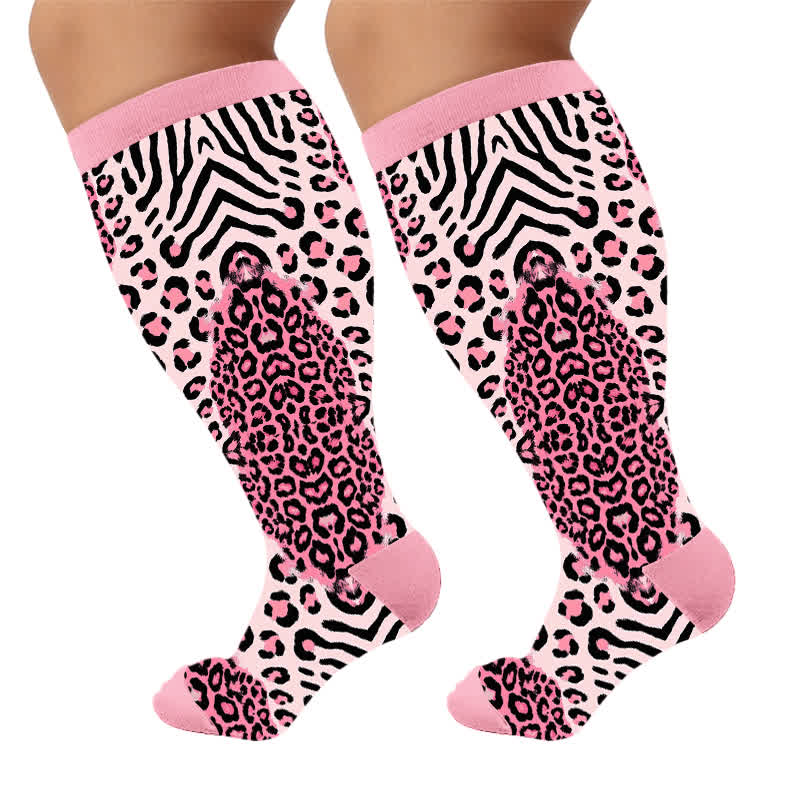 Plusock Plus Size Leopard Knee Compression Socks - Pink(1 Pair) - 4XL - image 6