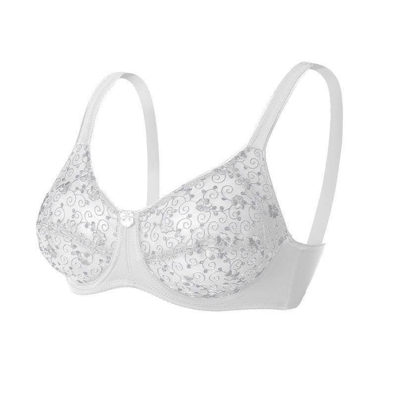 Plusock Silver Flower Embroidery Pattern Full Coverage Bras - White - 44 - D - image 11