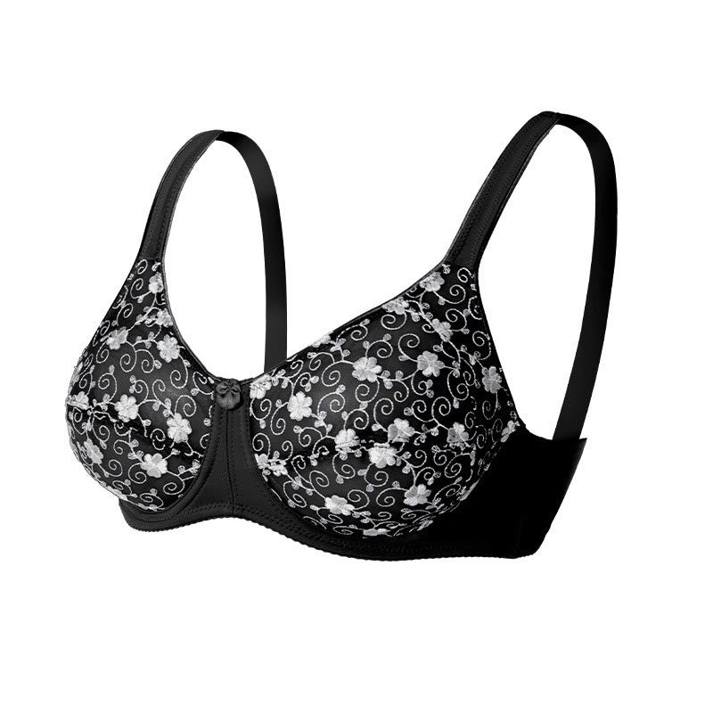 Plusock Silver Flower Embroidery Pattern Full Coverage Bras - Black - 44 - D - image 9