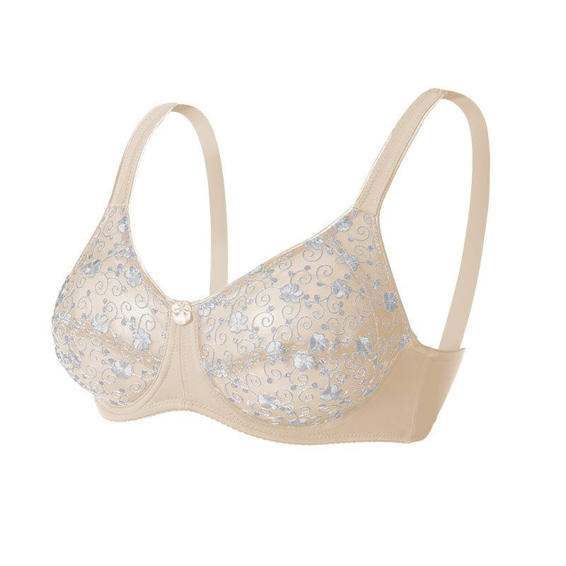 Plusock Silver Flower Embroidery Pattern Full Coverage Bras - Apricot - 44 - D - image 10