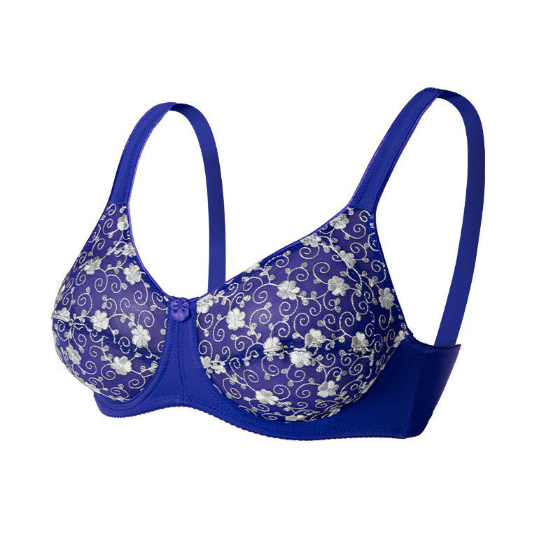 Plusock Silver Flower Embroidery Pattern Full Coverage Bras - Blue - 44 - D - image 12