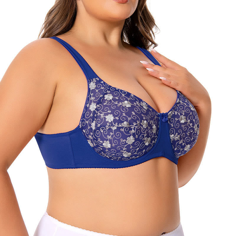 Plusock Silver Flower Embroidery Pattern Full Coverage Bras - image 5