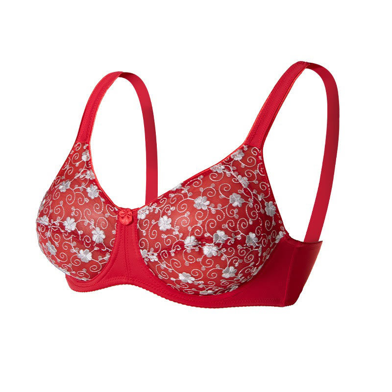 Plusock Silver Flower Embroidery Pattern Full Coverage Bras - Red - 44 - D - image 13