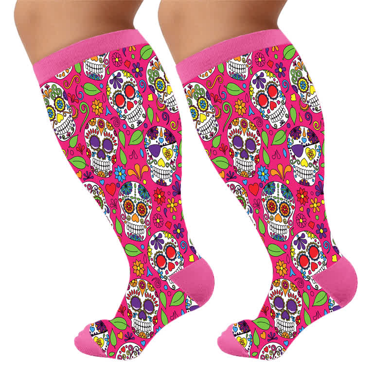 Plusock Plus Size Festive Skull Compression Socks - Pink(1 Pair) - 4XL - image 7