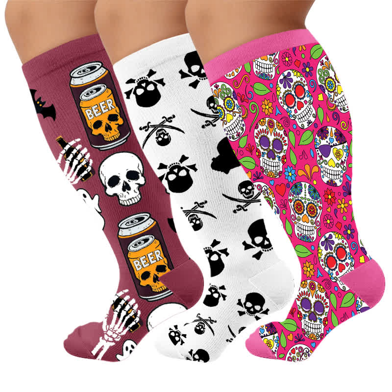 Plusock Plus Size Festive Skull Compression Socks - Multicolor(3 Pairs) - 4XL - image 1
