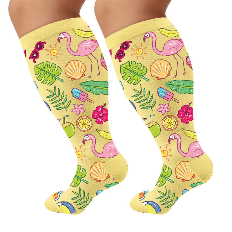 Plusock Plus Size Tropical Flamingo Compression Socks - Yellow(1 Pair) - 4XL - image 6