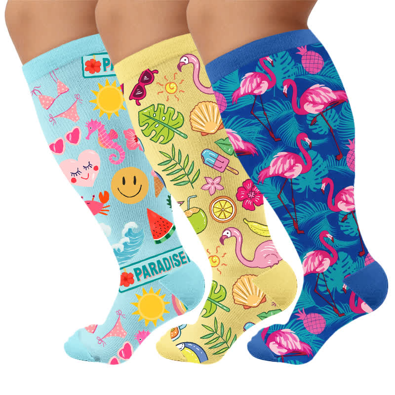 Plusock Plus Size Tropical Flamingo Compression Socks - Multicolor(3 Pairs) - 4XL - image 1