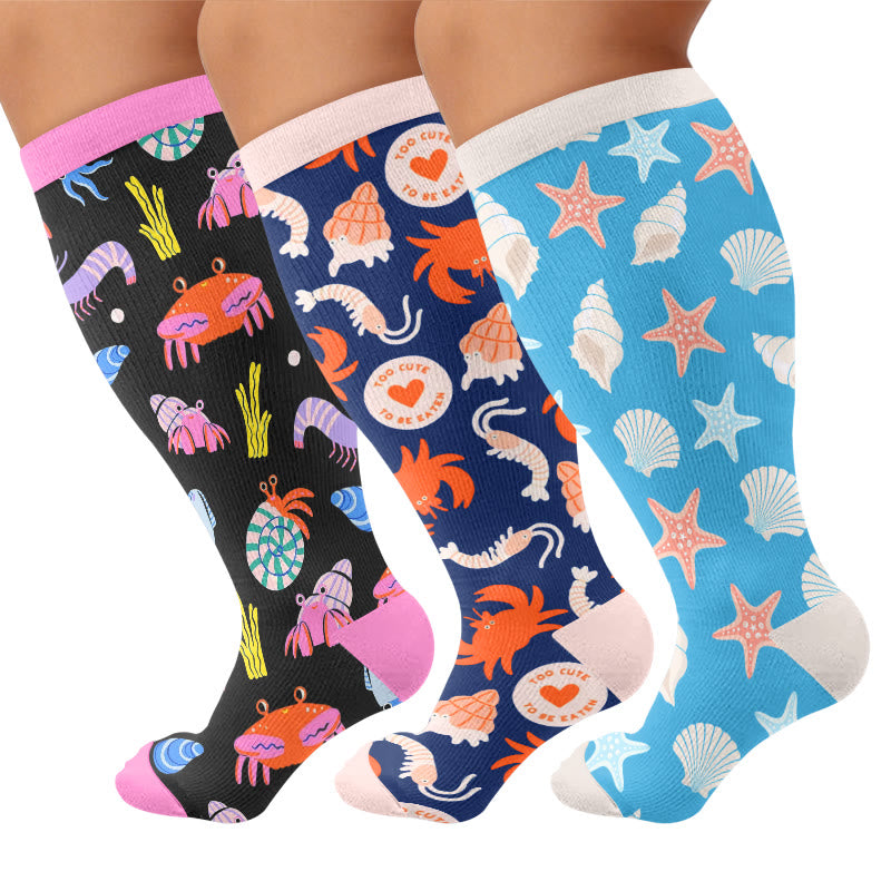 Plusock Plus Size Starfish Seashell Crab Compression Socks - Multicolor(3 Pairs) - 4XL - image 1