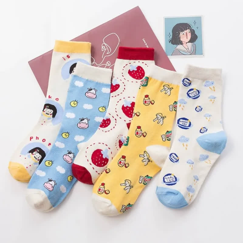 Plusock Sweet Cute Pattern Daily Quarter Socks (5 Pairs) - Multicolor - EU35-41(US2-7.5) - image 1