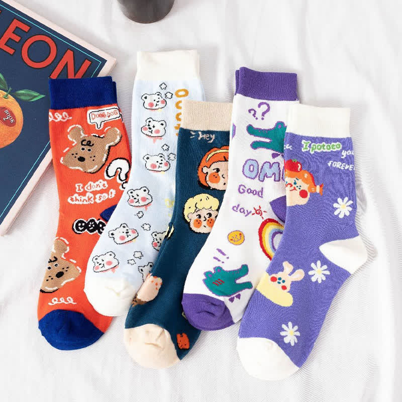 Plusock Cute Bear Print Quarter Socks(5 Pairs) - Multicolor - EU35-41(US2-7.5) - image 1