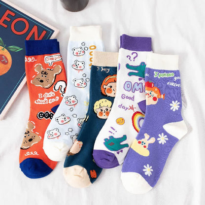 Plusock Cute Bear Print Quarter Socks(5 Pairs) - Multicolor - EU35-41(US2-7.5) - image 1