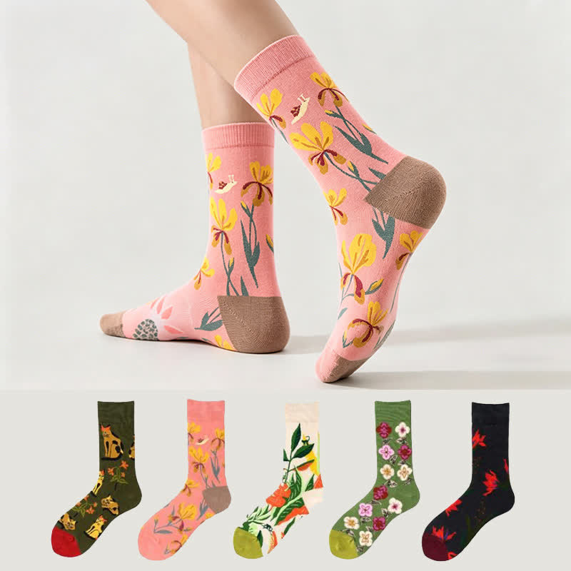 Plusock Floral Colorblock Quarter Socks(5 Pairs) - Multicolor - EU36-43(US3-9) - image 0