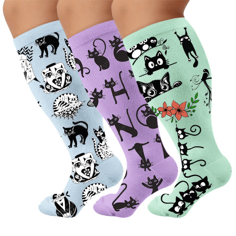 Plusock Plus Size Playful Kitty Compression Socks - Multicolor(3 Pairs) - 4XL - image 1
