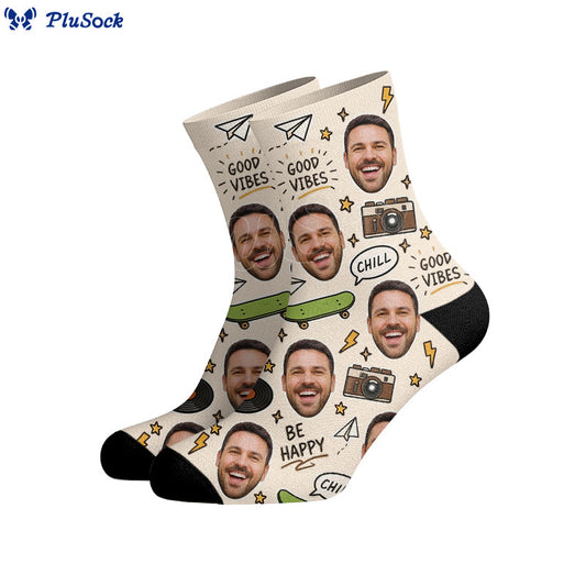Plusock Good Vibes Pattern Custom Face Socks - image 0