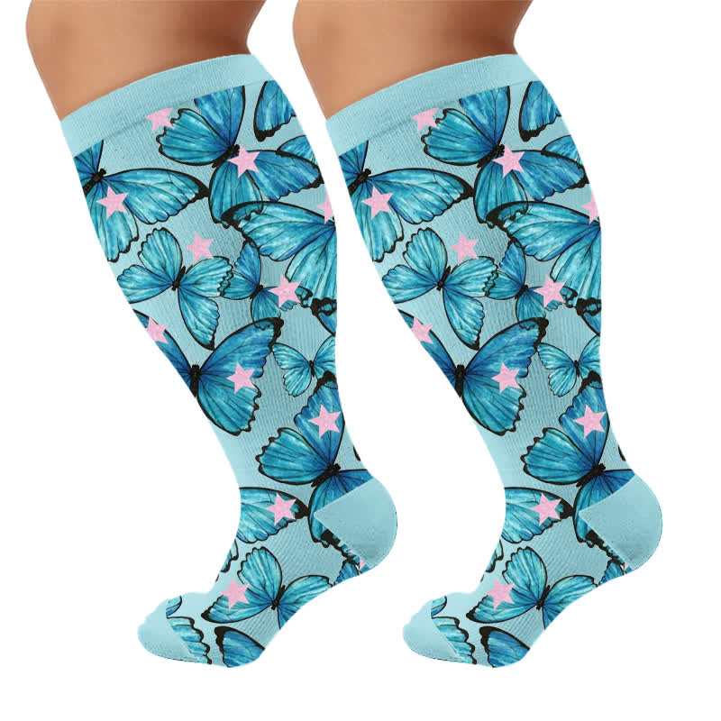 Plusock Plus Size Colorful Butterfly Compression Socks - Blue(1 Pair) - 4XL - image 5