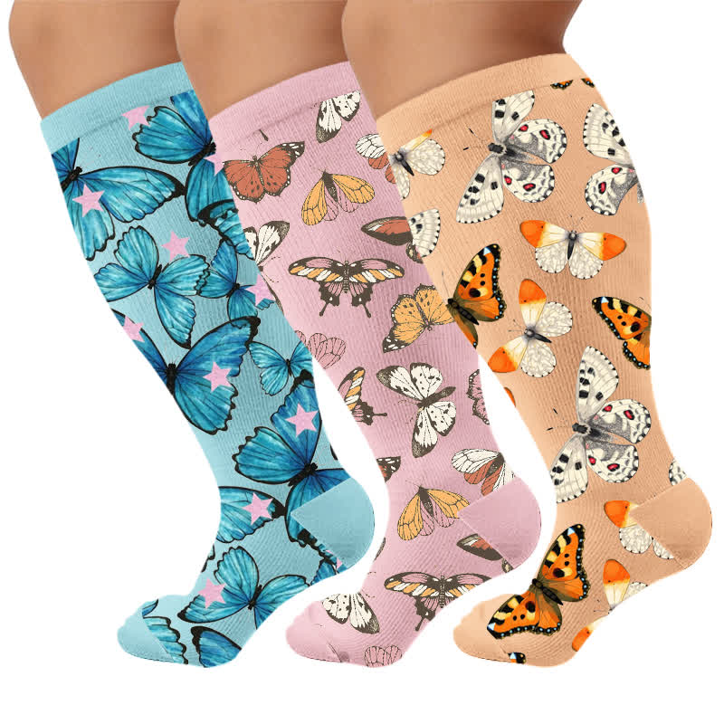 Plusock Plus Size Colorful Butterfly Compression Socks - Multicolor(3 Pairs) - 4XL - image 1