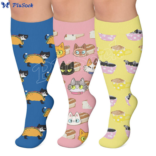 Plusock Plus Size Cat Food Print Compression Socks - image 0