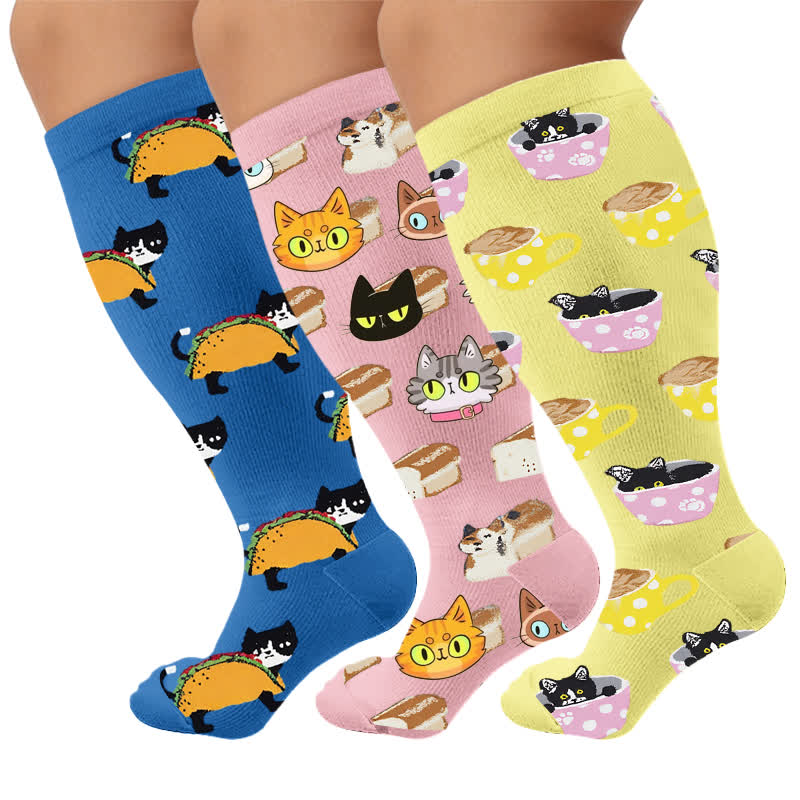 Plusock Plus Size Cat Food Print Compression Socks - Multicolor(3 Pairs) - 4XL - image 1