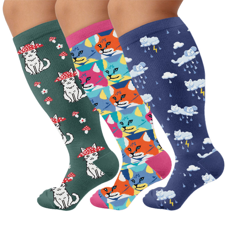 Plusock Plus Size Whimsical Cat Compression Socks - Multicolor(3 Pairs) - 4XL - image 1