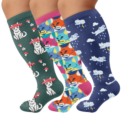 Plusock Plus Size Whimsical Cat Compression Socks - Multicolor(3 Pairs) - 4XL - image 1