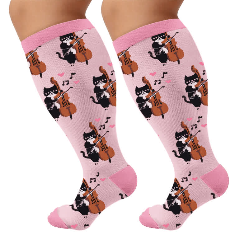 Plusock Plus Size Cute Cat Music Compression Socks - Pink(1 Pair) - 4XL - image 5