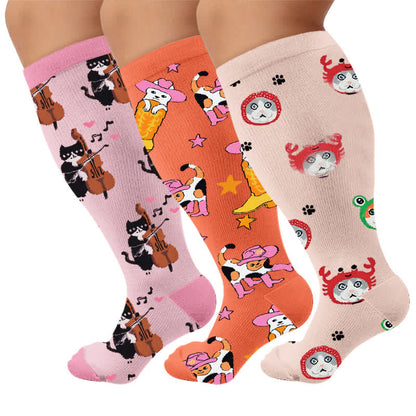 Plusock Plus Size Cute Cat Music Compression Socks - Multicolor(3 Pairs) - 4XL - image 1