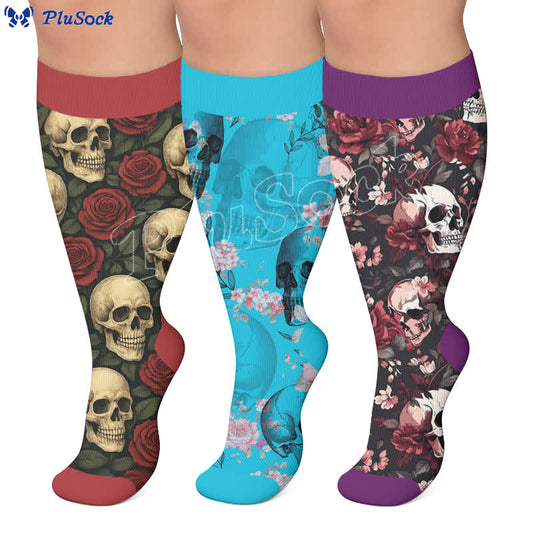 Plusock Plus Size Teal Skull Rose Compression Socks - image 0