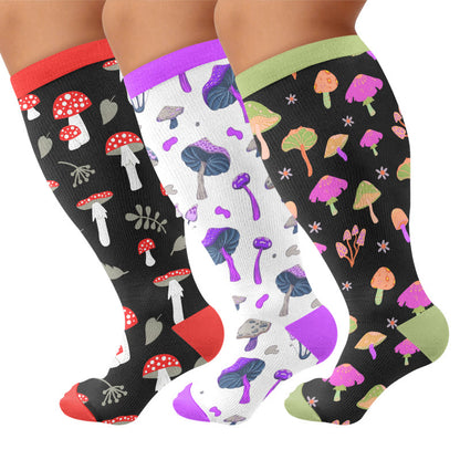 Plusock Plus Size Mushroom Print Compression Socks - Multicolor(3 Pairs) - 4XL - image 1