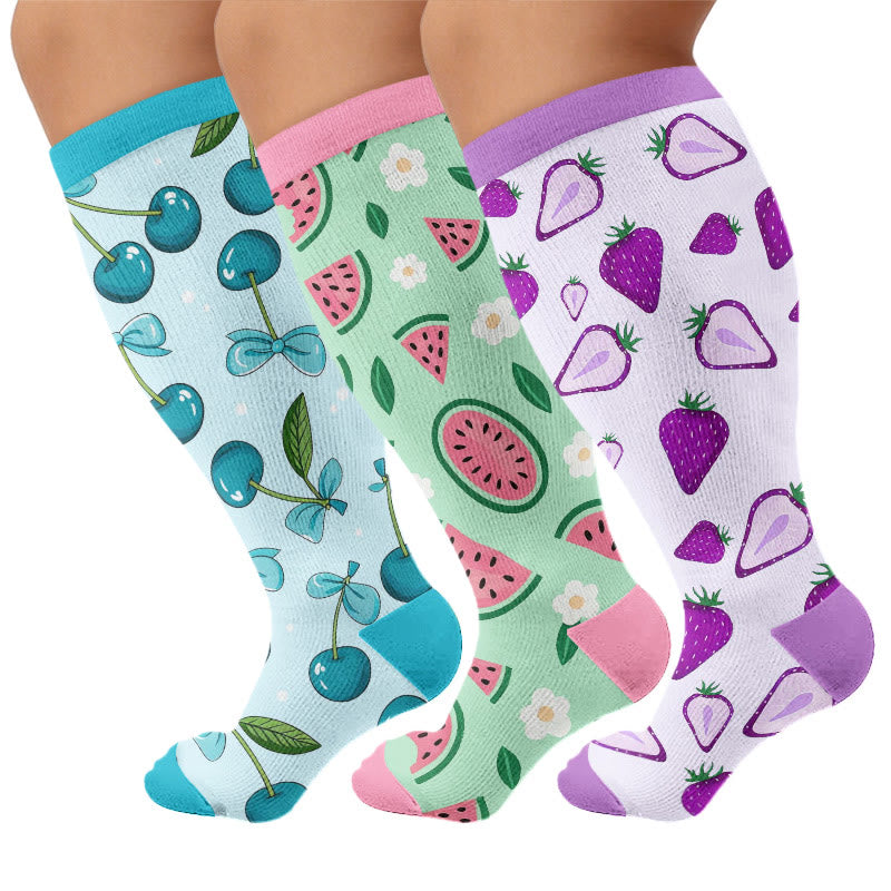 Plusock Plus Size Watermelon Strawberry Compression Socks - Multicolor(3 Pairs) - 4XL - image 1