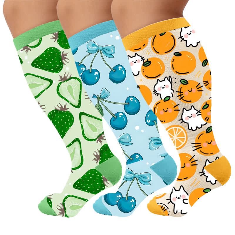 Plusock Plus Size Fun Summer Fruits Compression Socks - Multicolor(3 Pairs) - 4XL - image 1
