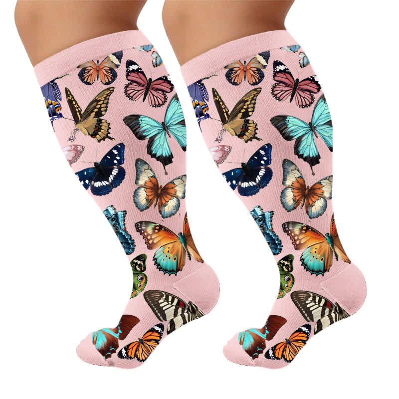 Plusock Plus Size Butterfly Garden Compression Socks - Pink(1 Pair) - 4XL - image 5