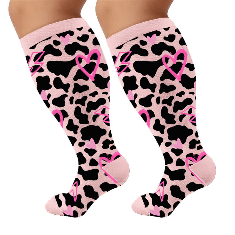 Plusock Plus Size Pink Heart Leopard Compression Socks - Pink(1 Pair) - 4XL - image 5