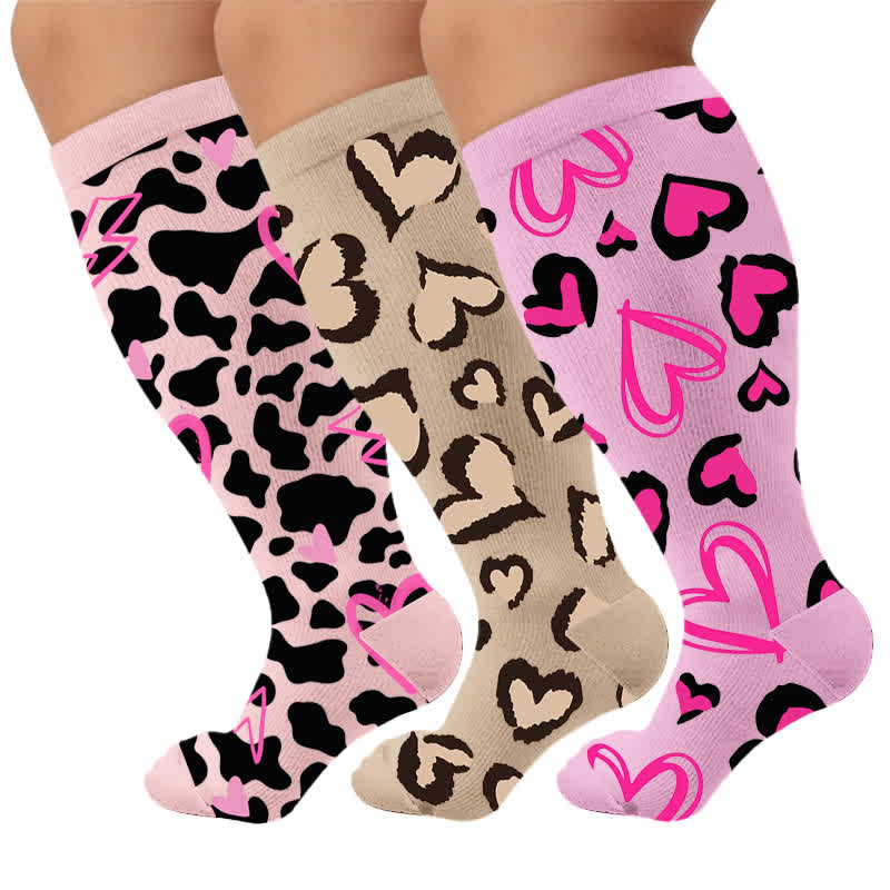 Plusock Plus Size Pink Heart Leopard Compression Socks - Multicolor(3 Pairs) - 4XL - image 1