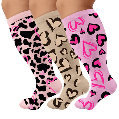 Plusock Plus Size Pink Heart Leopard Compression Socks - Multicolor(3 Pairs) - 4XL - image 1