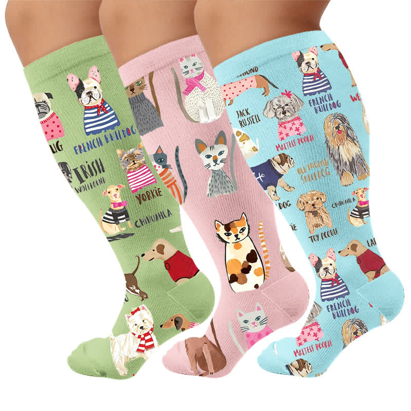 Plusock Plus Size Scrawled Dog Compression Socks - Multicolor(3 Pairs) - 4XL - image 1