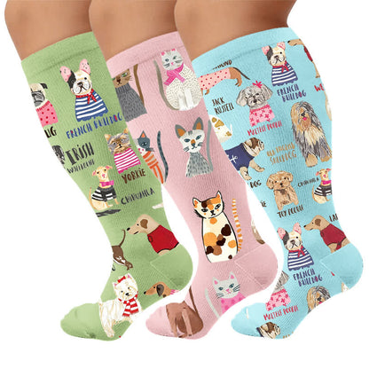 Plusock Plus Size Scrawled Dog Compression Socks - Multicolor(3 Pairs) - 4XL - image 1