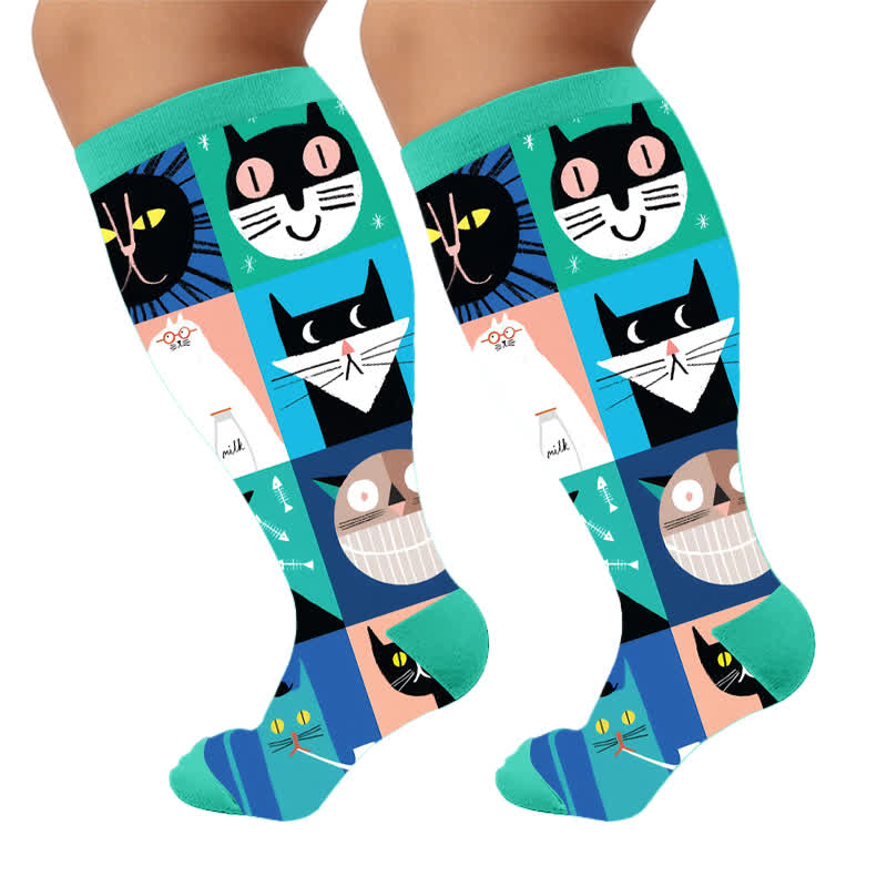 Plusock Plus Size Whimsical Abstract Cat Compression Socks - Blue(1 Pair) - 4XL - image 5