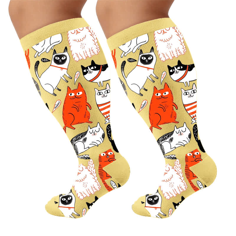 Plusock Plus Size Whimsical Abstract Cat Compression Socks - Yellow(1 Pair) - 4XL - image 6
