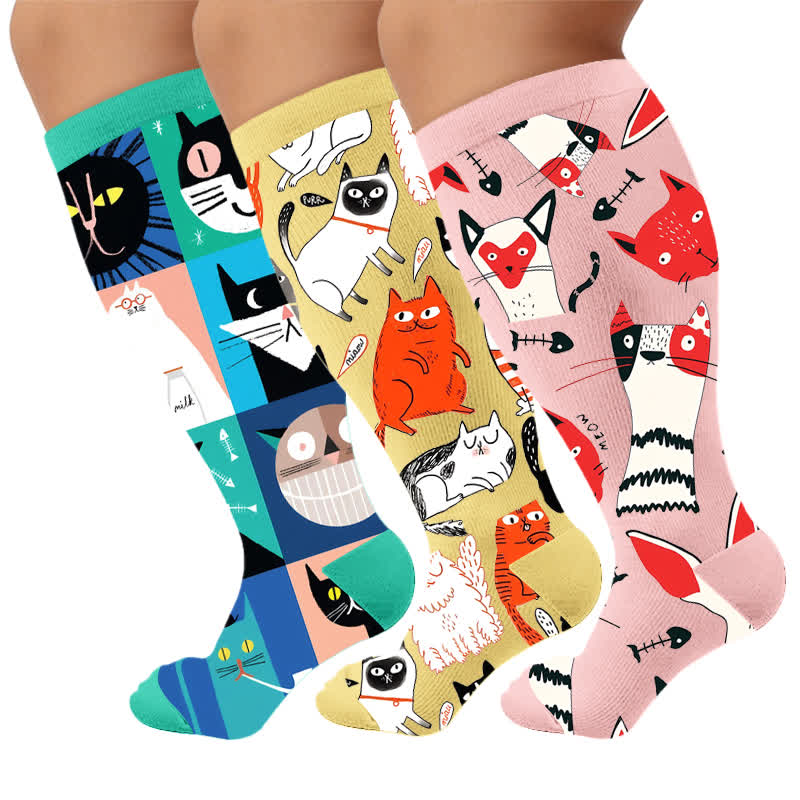 Plusock Plus Size Whimsical Abstract Cat Compression Socks - Multicolor(3 Pairs) - 4XL - image 1