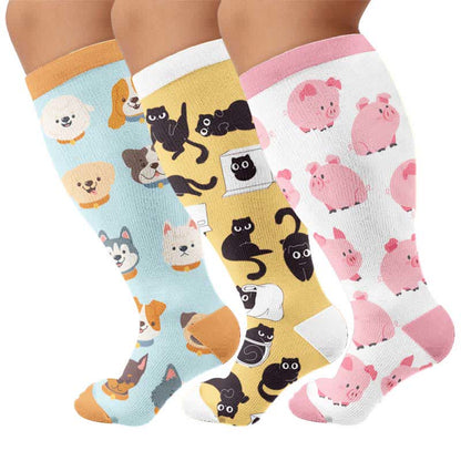 Plusock Plus Size Cute Cartoon Animal Compression Socks - Multicolor(3 Pairs) - 4XL - image 1