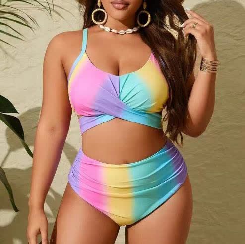 Plusock Tie Rainbow Print Bikini Set - Pink - 4XL - image 0