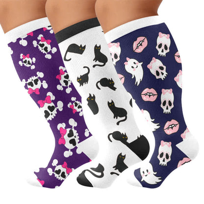 Plusock Plus Size Sweet Goth Skull Compression Socks - Multicolor(3 Pairs) - 4XL - image 1