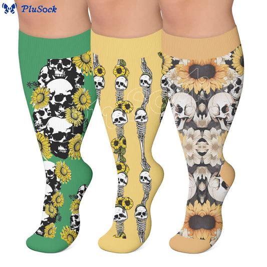 Plusock Plus Size Skull Sunflower Compression Socks - image 0