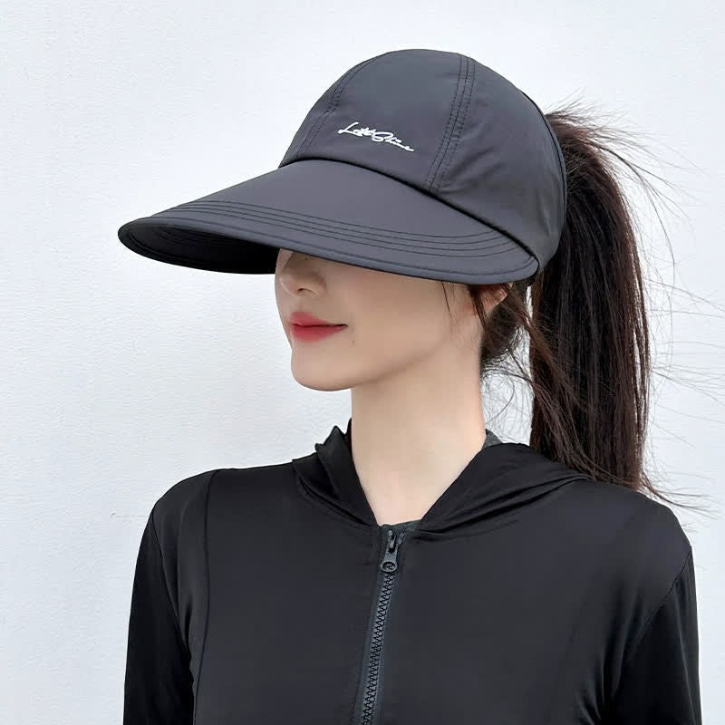 Plusock High Ponytail Opening Wide Brim Sport Sun Hat - Black - One Size - image 0