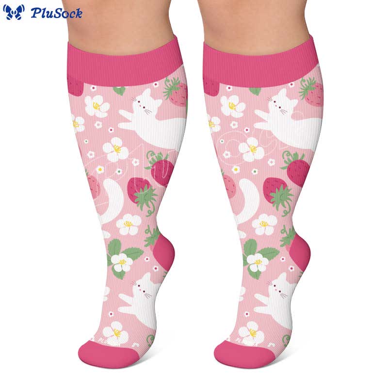 Plusock Plus Size Strawberry Cat Print Compression Socks - image 3