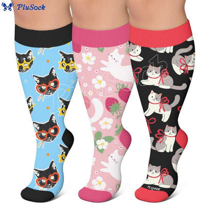 Plusock Plus Size Strawberry Cat Print Compression Socks - image 0